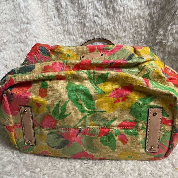 Kate Spade Burlap painted floral prints shoulder bag tan leather straps &trims - Picture 8 of 16